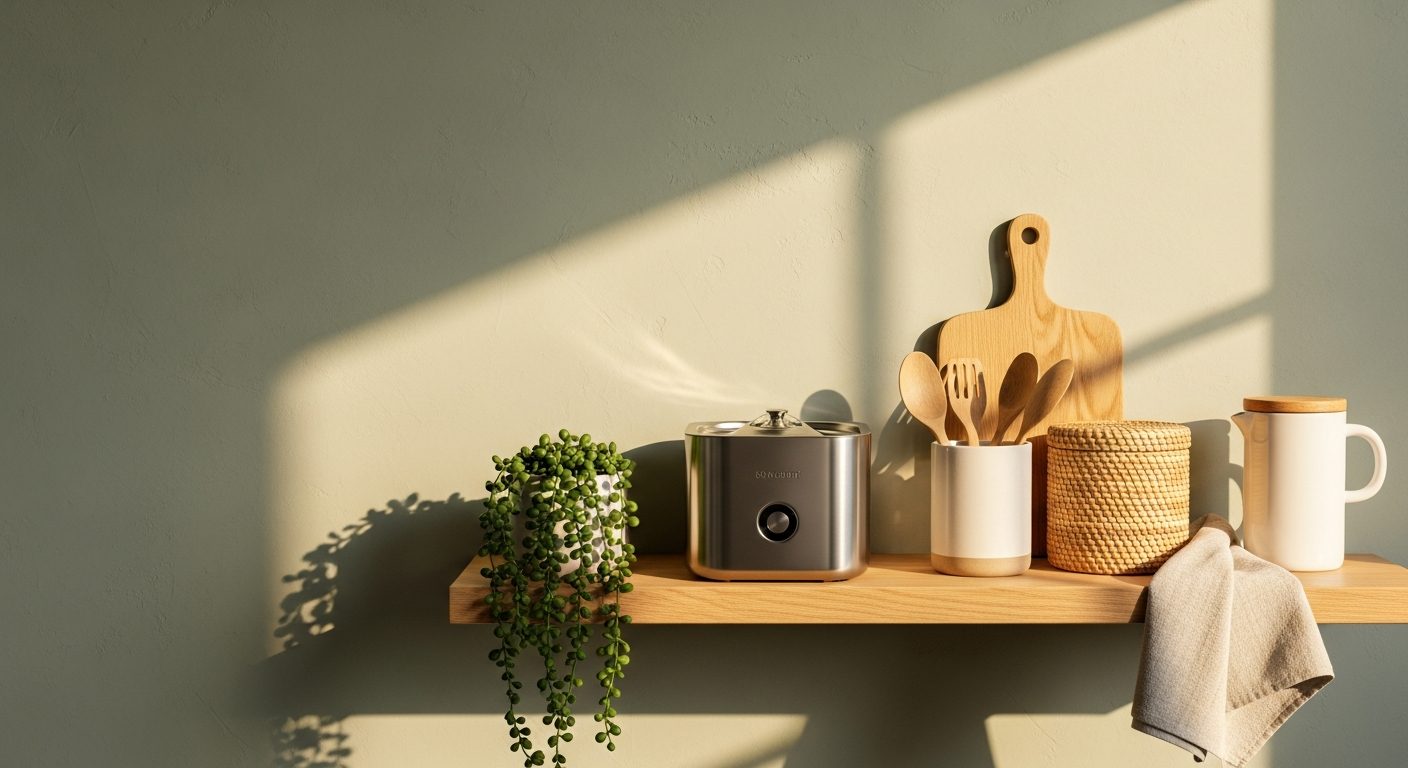 Curated everyday home, kitchen and pet essentials on a wood shelf